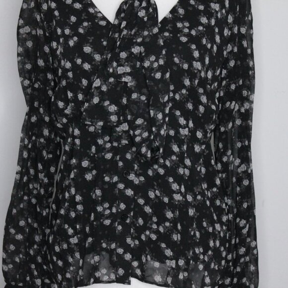 Michael Michael Kors Black Grey Floral Print Long Sleeve Blouse Size S - Picture 12 of 16